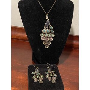 Vintage Bronze Colorful Peacock Set Pendant 26" Necklace and Matching Earrings